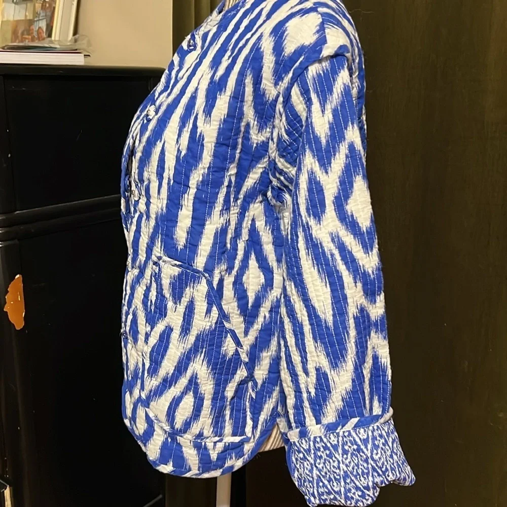 Blue and White Quilted Anthropologie Cotton Jacket S/XS